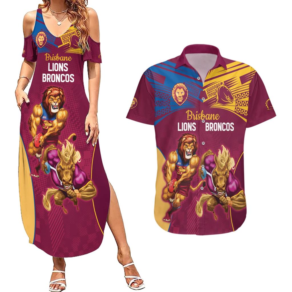 Custom Brisbane Broncos and Lions Couples Matching Summer Maxi Dress and Hawaiian Shirt Together Sporty Style