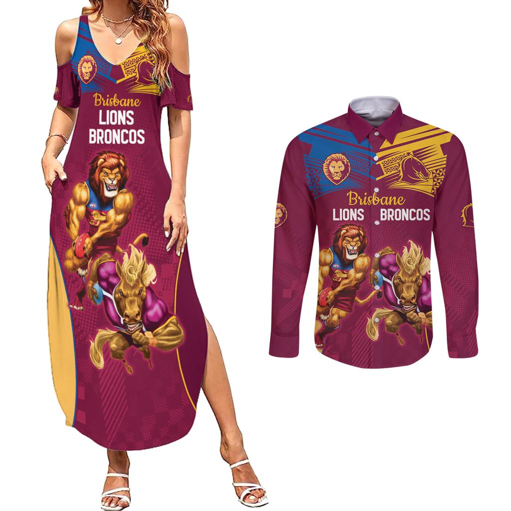 Custom Brisbane Broncos and Lions Couples Matching Summer Maxi Dress and Long Sleeve Button Shirt Together Sporty Style