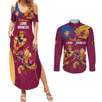 Custom Brisbane Broncos and Lions Couples Matching Summer Maxi Dress and Long Sleeve Button Shirt Together Sporty Style