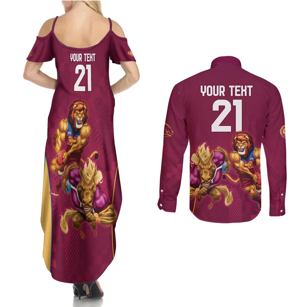 Custom Brisbane Broncos and Lions Couples Matching Summer Maxi Dress and Long Sleeve Button Shirt Together Sporty Style