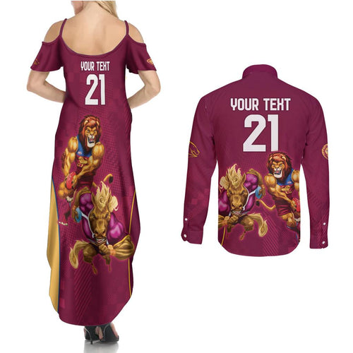Custom Brisbane Broncos and Lions Couples Matching Summer Maxi Dress and Long Sleeve Button Shirt Together Sporty Style