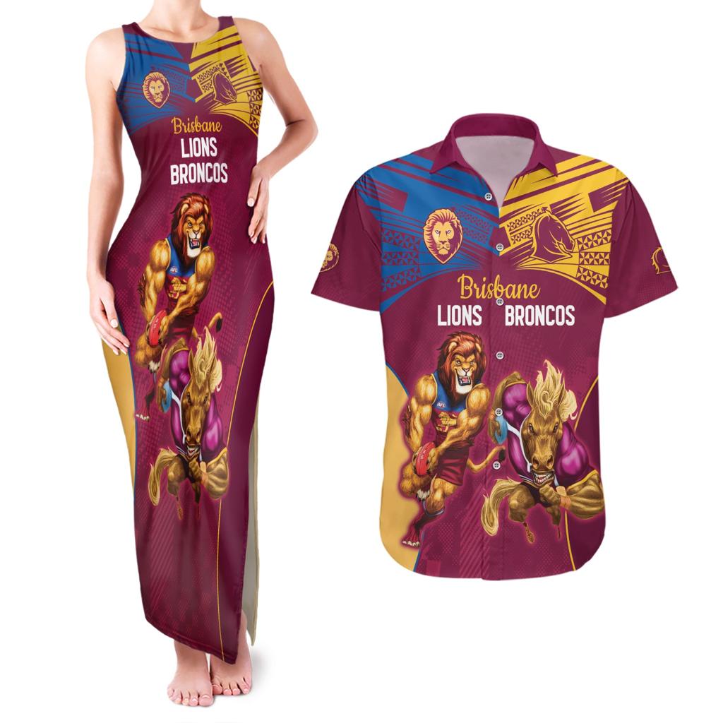 Custom Brisbane Broncos and Lions Couples Matching Tank Maxi Dress and Hawaiian Shirt Together Sporty Style