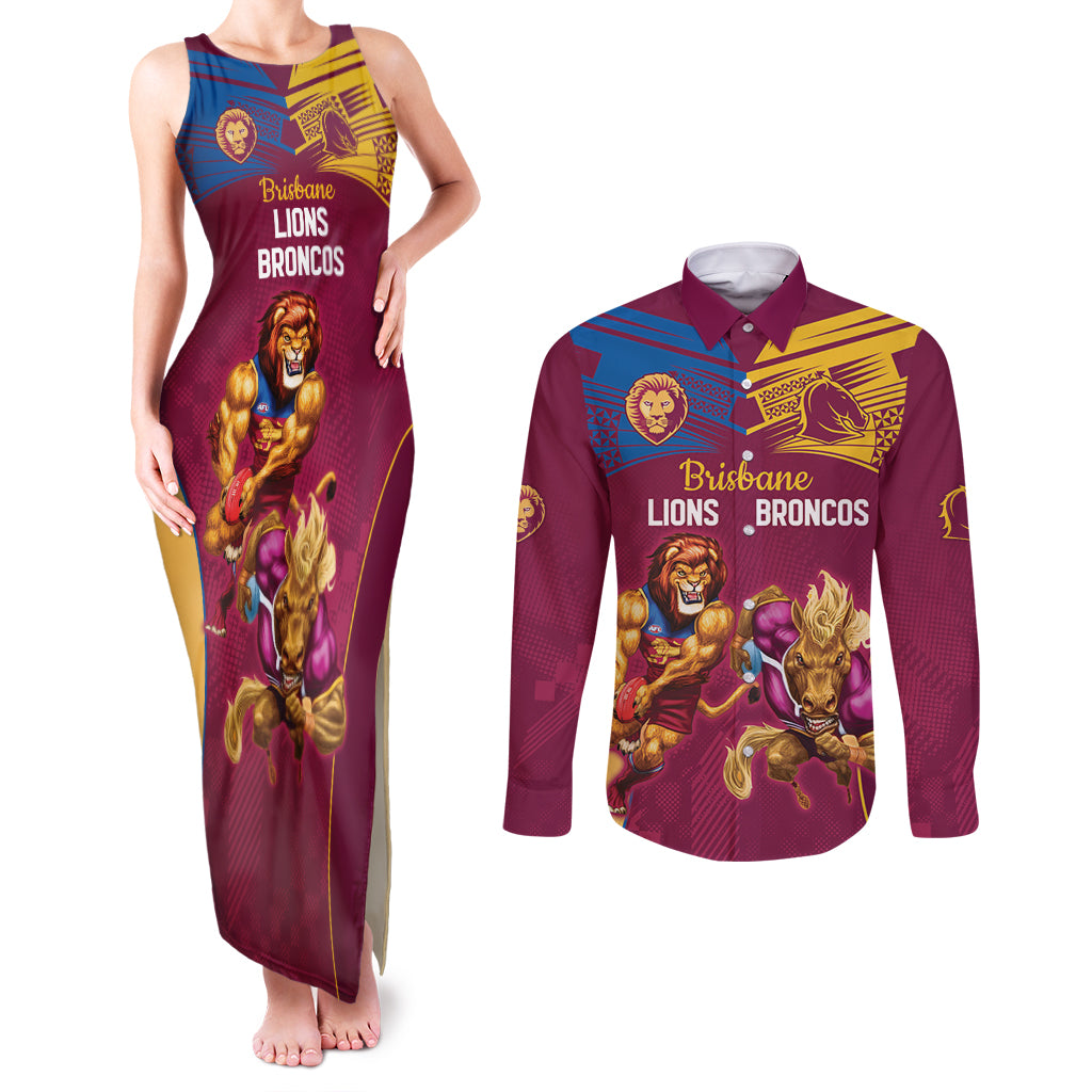 Custom Brisbane Broncos and Lions Couples Matching Tank Maxi Dress and Long Sleeve Button Shirt Together Sporty Style