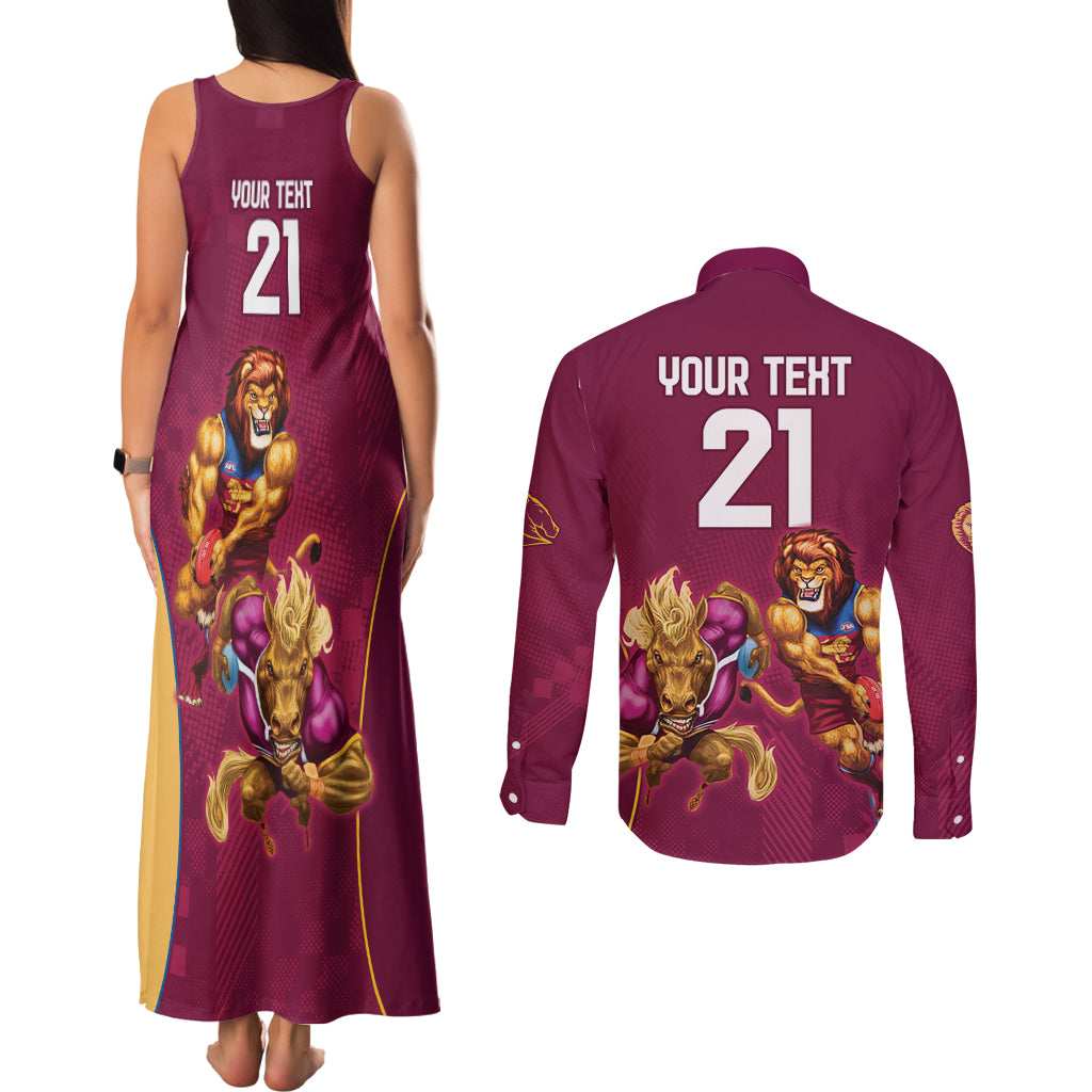 Custom Brisbane Broncos and Lions Couples Matching Tank Maxi Dress and Long Sleeve Button Shirt Together Sporty Style