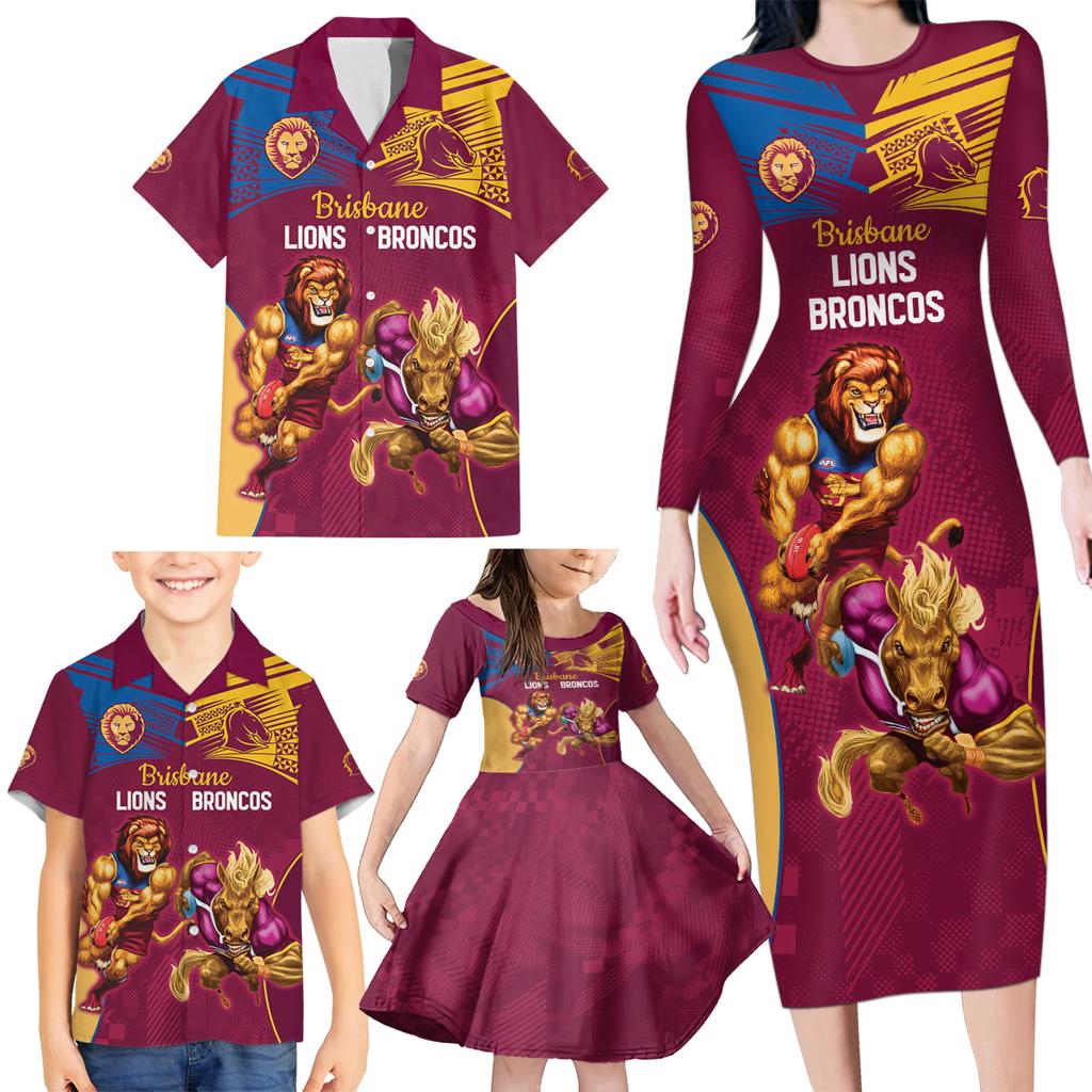 Custom Brisbane Broncos and Lions Family Matching Long Sleeve Bodycon Dress and Hawaiian Shirt Together Sporty Style