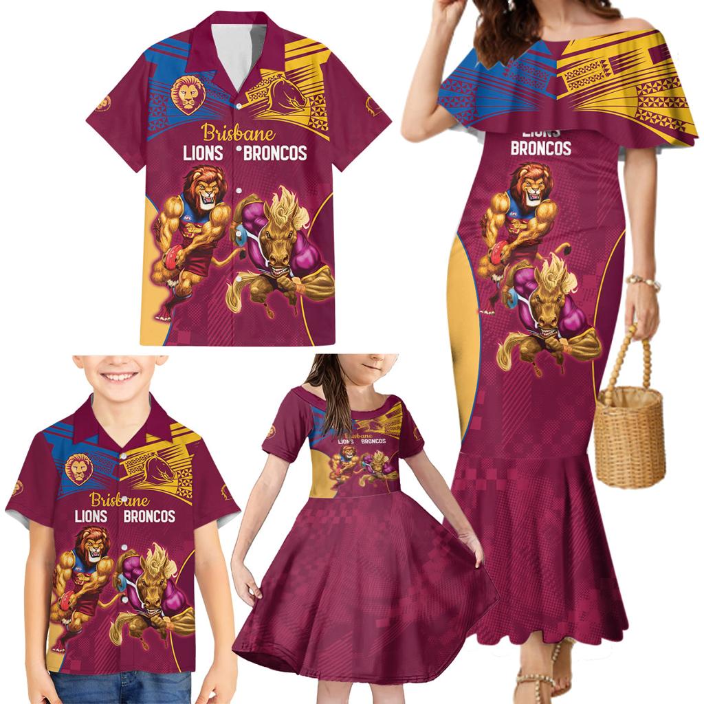 Custom Brisbane Broncos and Lions Family Matching Mermaid Dress and Hawaiian Shirt Together Sporty Style