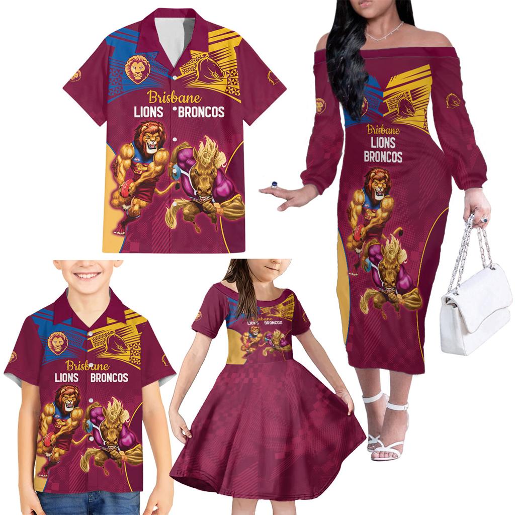 Custom Brisbane Broncos and Lions Family Matching Off The Shoulder Long Sleeve Dress and Hawaiian Shirt Together Sporty Style