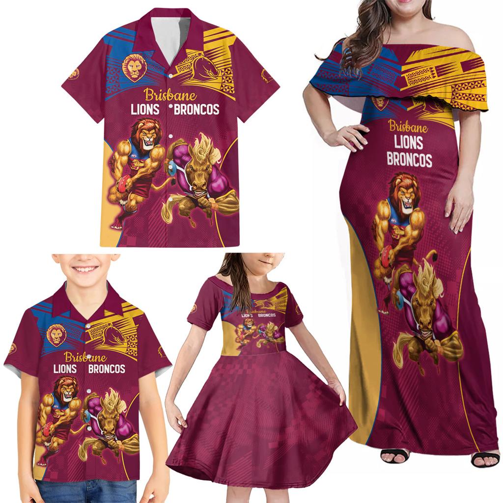 Custom Brisbane Broncos and Lions Family Matching Off Shoulder Maxi Dress and Hawaiian Shirt Together Sporty Style