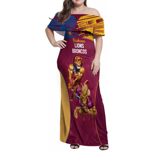 Custom Brisbane Broncos and Lions Family Matching Off Shoulder Maxi Dress and Hawaiian Shirt Together Sporty Style
