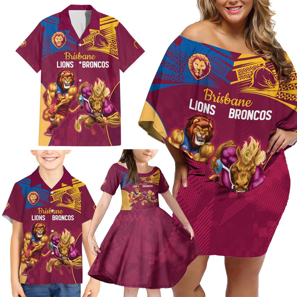 Custom Brisbane Broncos and Lions Family Matching Off Shoulder Short Dress and Hawaiian Shirt Together Sporty Style