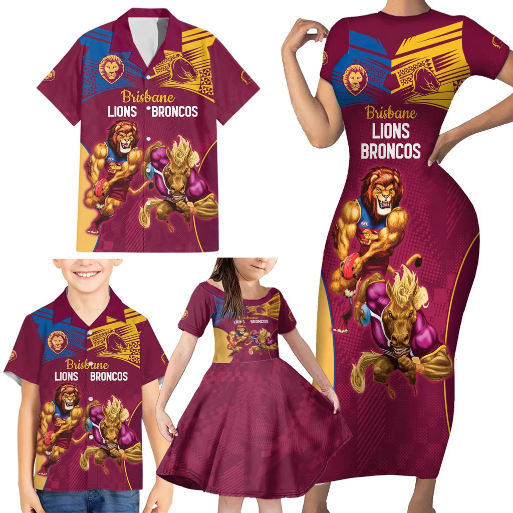 Custom Brisbane Broncos and Lions Family Matching Short Sleeve Bodycon Dress and Hawaiian Shirt Together Sporty Style