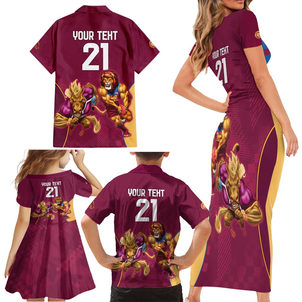 Custom Brisbane Broncos and Lions Family Matching Short Sleeve Bodycon Dress and Hawaiian Shirt Together Sporty Style