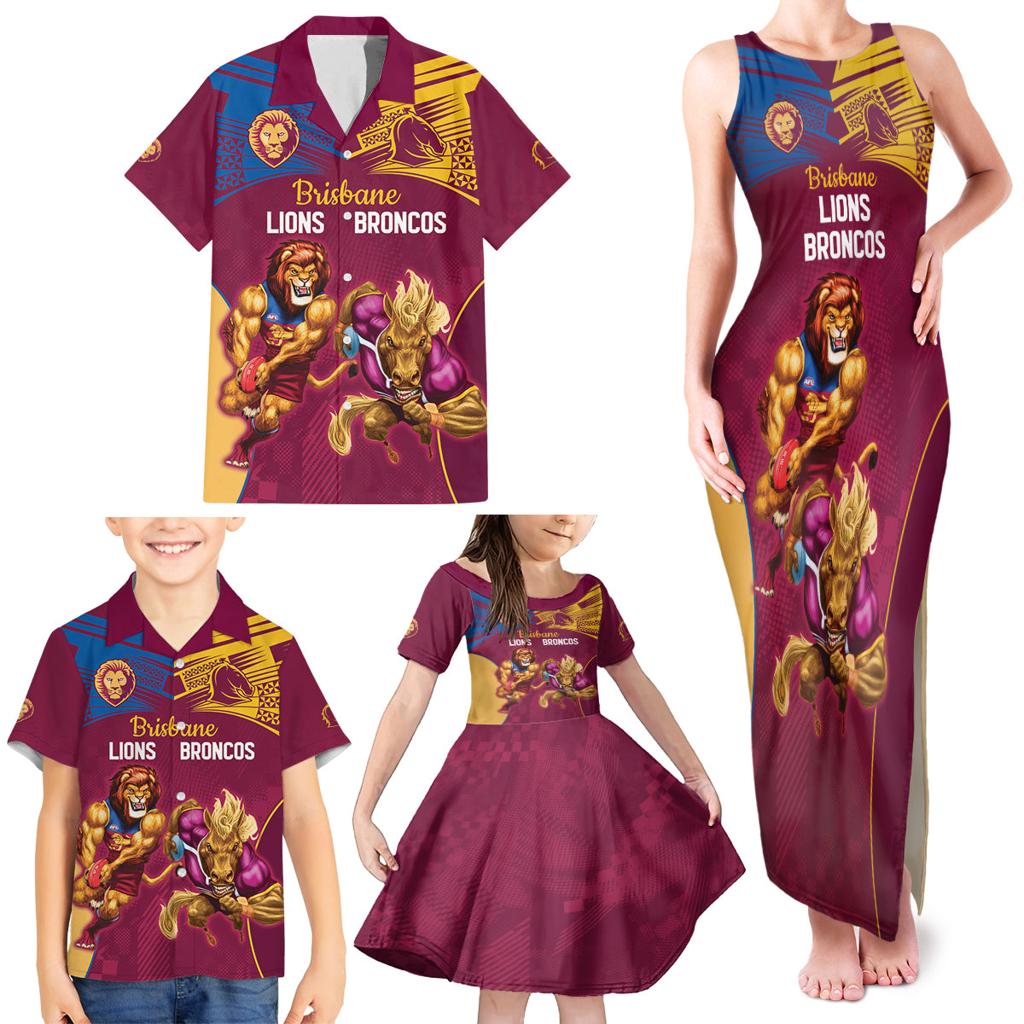 Custom Brisbane Broncos and Lions Family Matching Tank Maxi Dress and Hawaiian Shirt Together Sporty Style