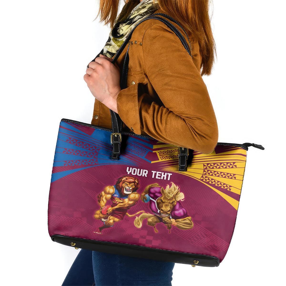 Custom Brisbane Broncos and Lions Leather Tote Bag Together Sporty Style
