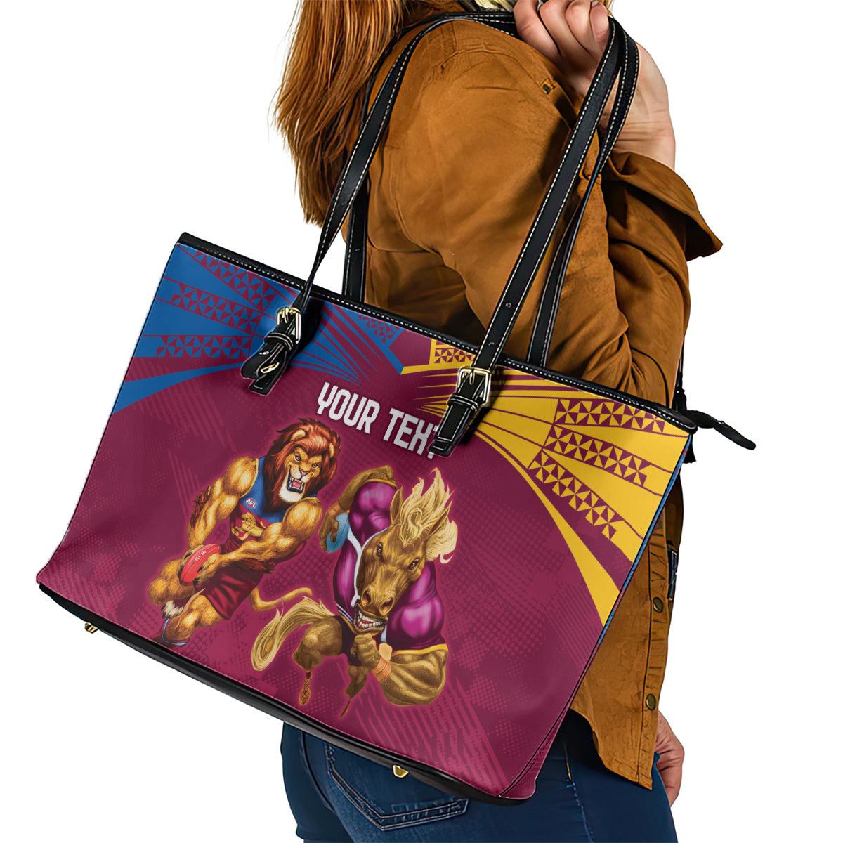 Custom Brisbane Broncos and Lions Leather Tote Bag Together Sporty Style