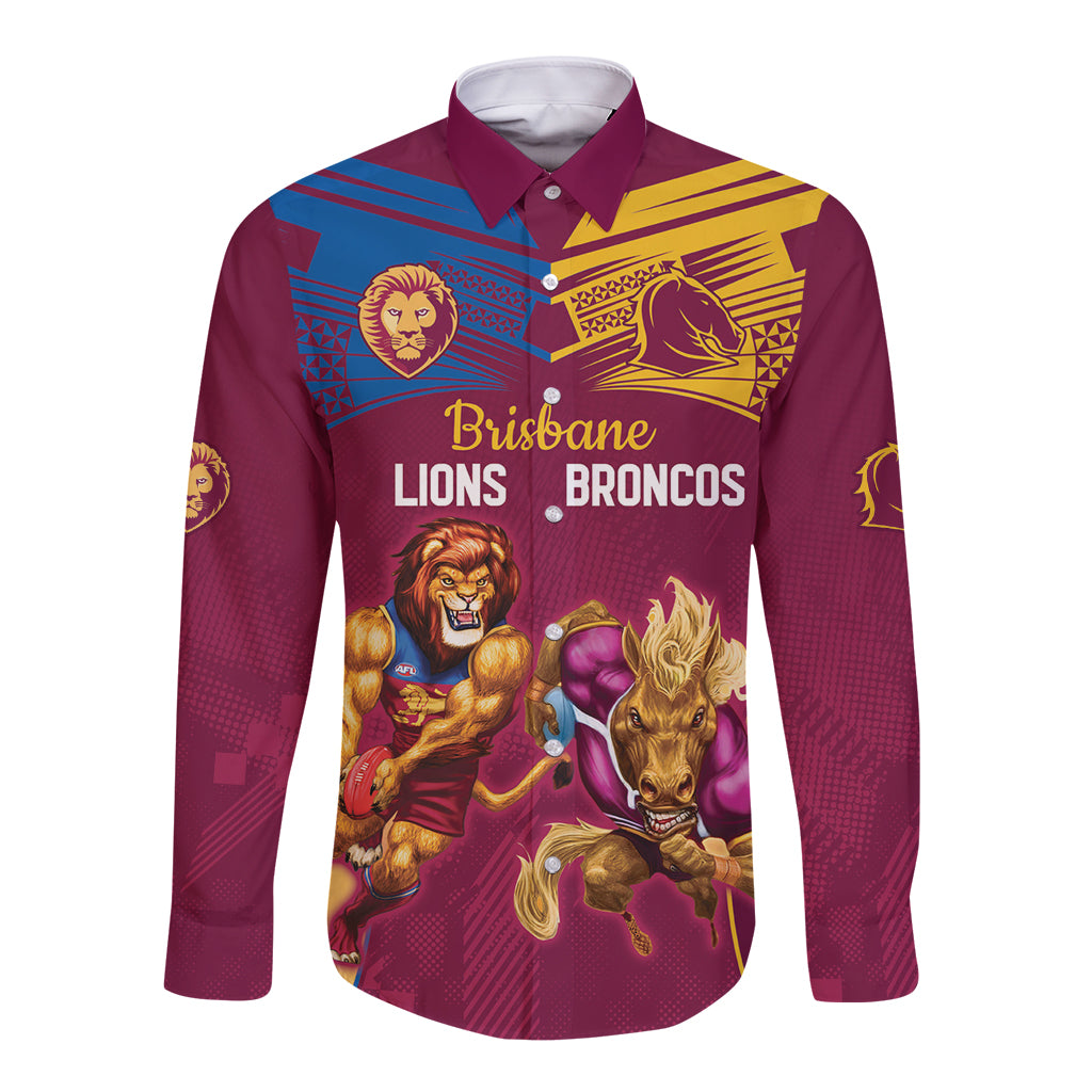Custom Brisbane Broncos and Lions Long Sleeve Button Shirt Together Sporty Style