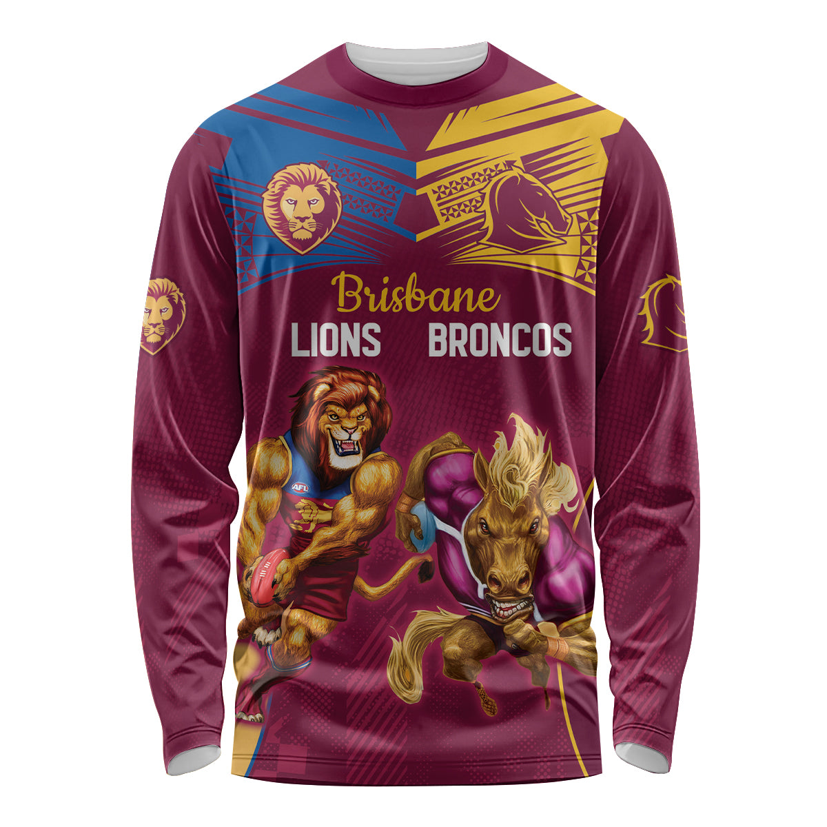 Custom Brisbane Broncos and Lions Long Sleeve Shirt Together Sporty Style