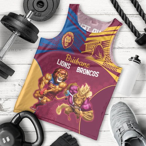 Custom Brisbane Broncos and Lions Men Tank Top Together Sporty Style