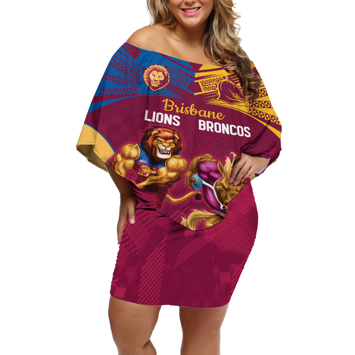 Custom Brisbane Broncos and Lions Off Shoulder Short Dress Together Sporty Style