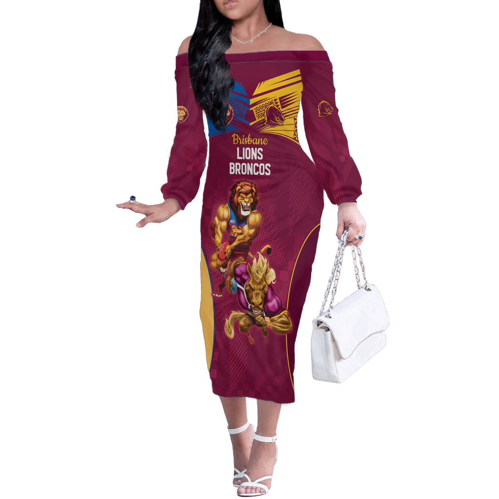 Custom Brisbane Broncos and Lions Off The Shoulder Long Sleeve Dress Together Sporty Style