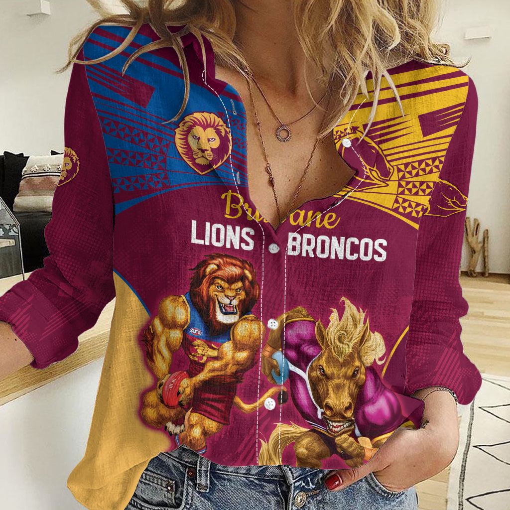 Custom Brisbane Broncos and Lions Women Casual Shirt Together Sporty Style