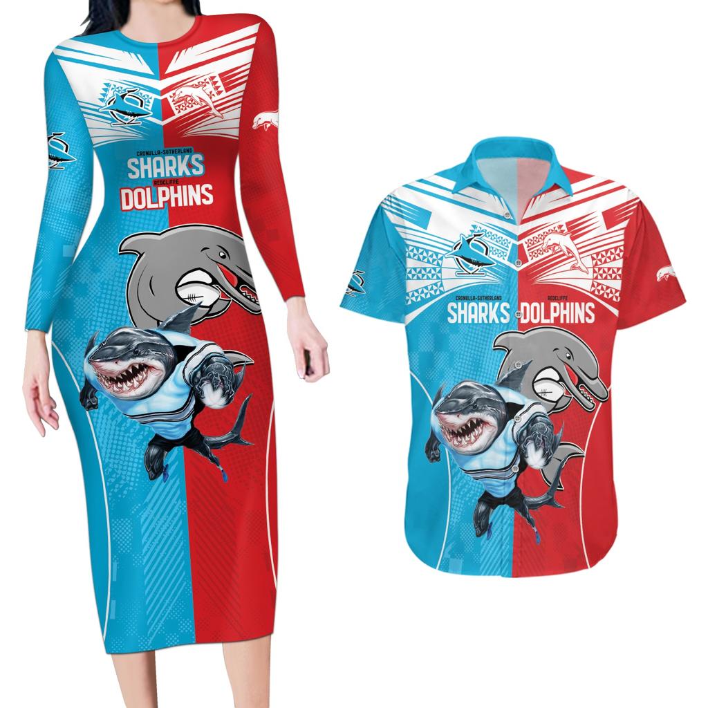 Custom Dolphins and Shark Couples Matching Long Sleeve Bodycon Dress and Hawaiian Shirt Together Sporty Style