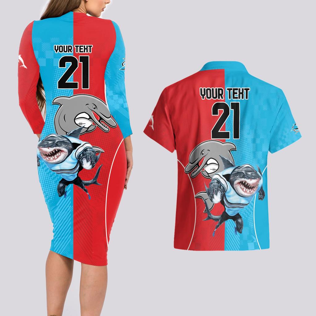 Custom Dolphins and Shark Couples Matching Long Sleeve Bodycon Dress and Hawaiian Shirt Together Sporty Style