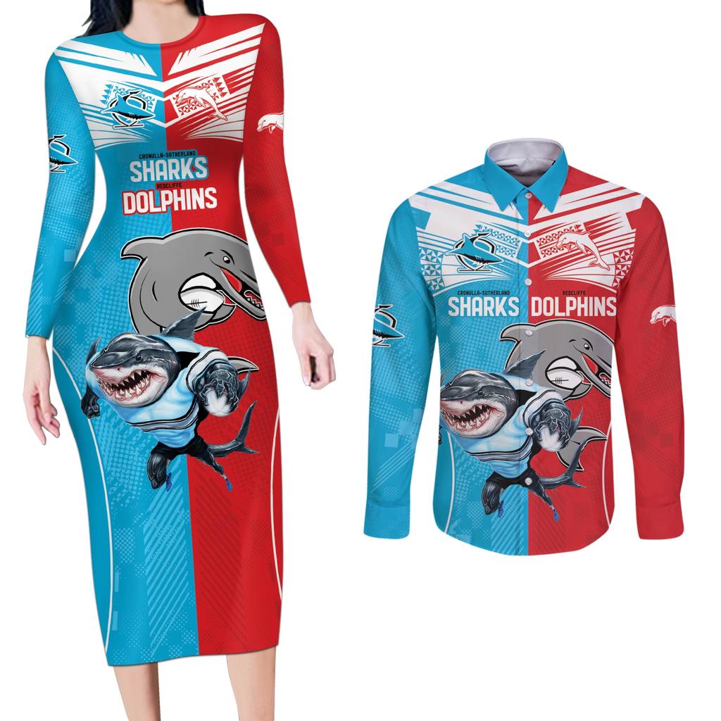 Custom Dolphins and Shark Couples Matching Long Sleeve Bodycon Dress and Long Sleeve Button Shirt Together Sporty Style