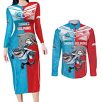 Custom Dolphins and Shark Couples Matching Long Sleeve Bodycon Dress and Long Sleeve Button Shirt Together Sporty Style
