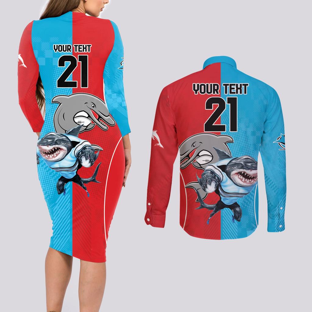 Custom Dolphins and Shark Couples Matching Long Sleeve Bodycon Dress and Long Sleeve Button Shirt Together Sporty Style