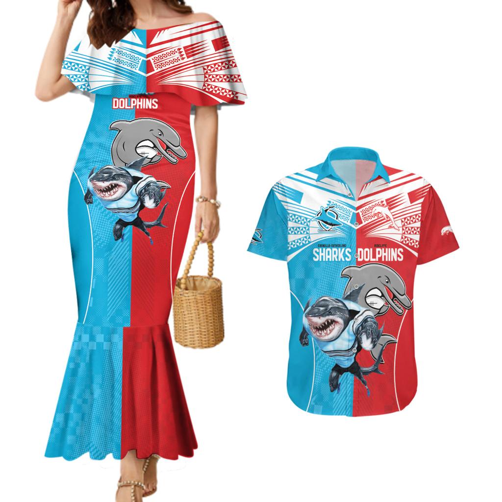 Custom Dolphins and Shark Couples Matching Mermaid Dress and Hawaiian Shirt Together Sporty Style