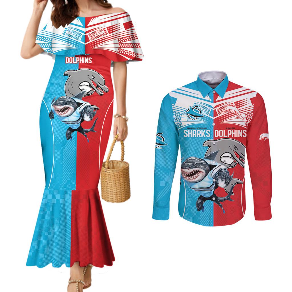 Custom Dolphins and Shark Couples Matching Mermaid Dress and Long Sleeve Button Shirt Together Sporty Style