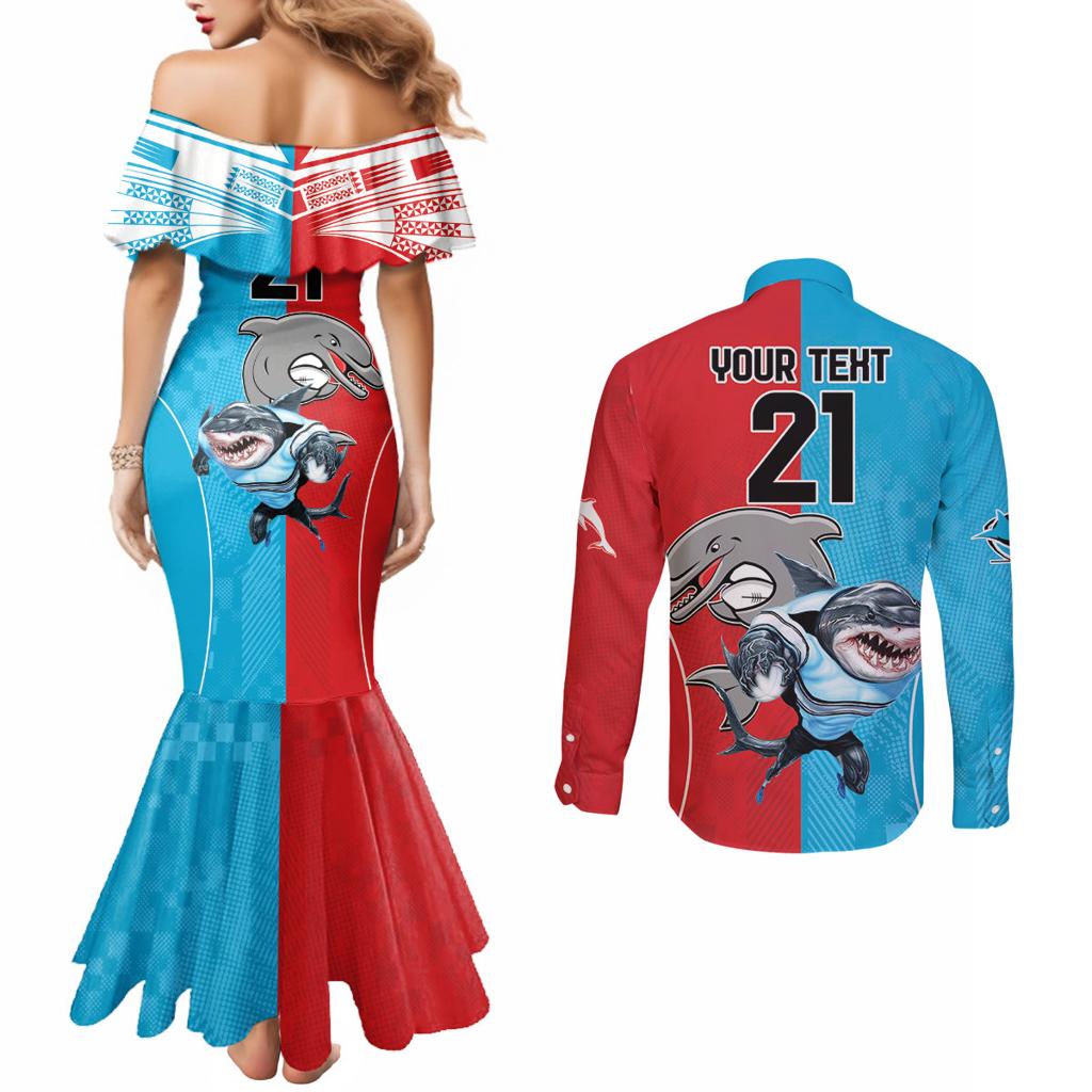 Custom Dolphins and Shark Couples Matching Mermaid Dress and Long Sleeve Button Shirt Together Sporty Style