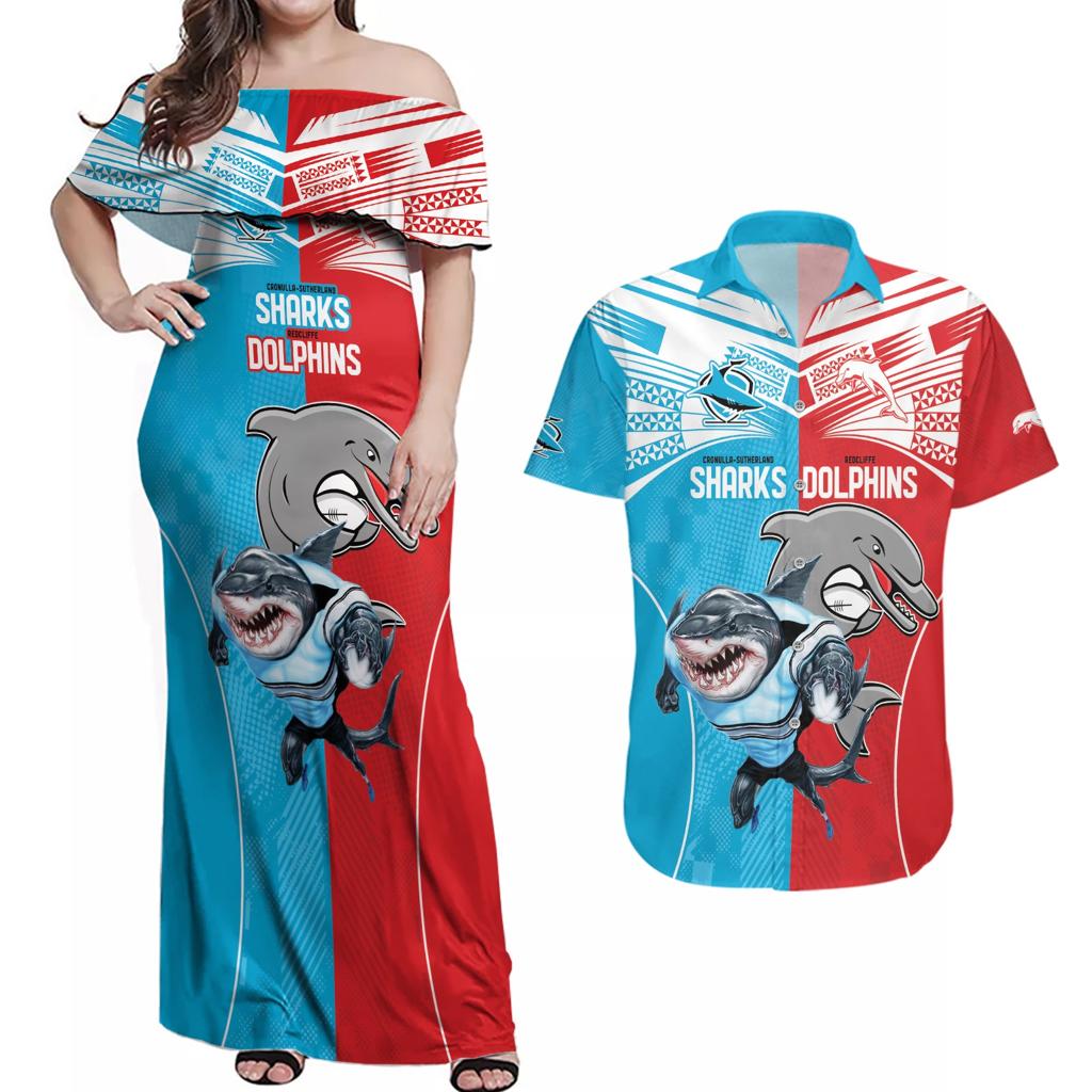 Custom Dolphins and Shark Couples Matching Off Shoulder Maxi Dress and Hawaiian Shirt Together Sporty Style