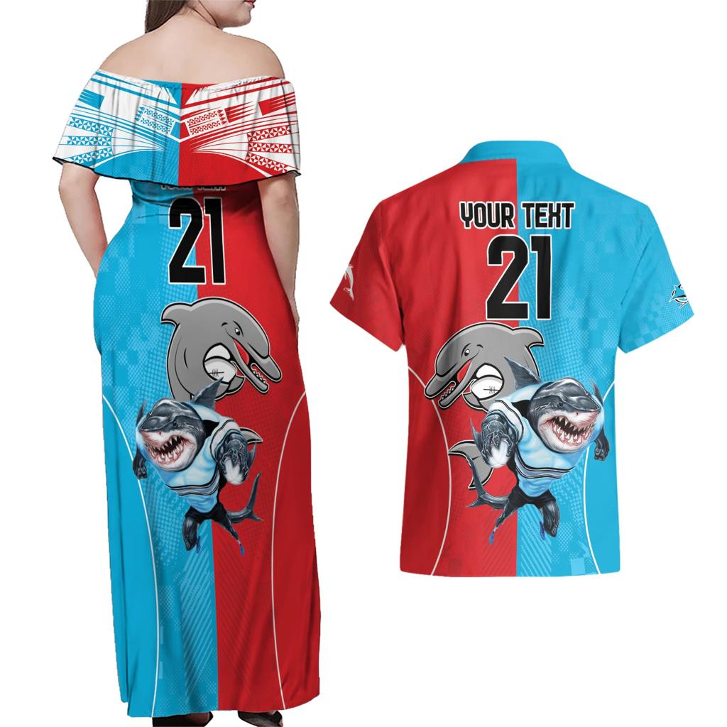 Custom Dolphins and Shark Couples Matching Off Shoulder Maxi Dress and Hawaiian Shirt Together Sporty Style