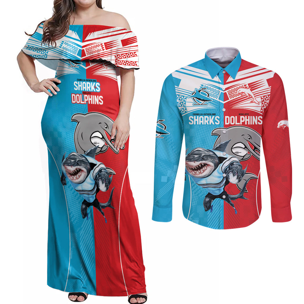 Custom Dolphins and Shark Couples Matching Off Shoulder Maxi Dress and Long Sleeve Button Shirt Together Sporty Style
