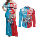 Custom Dolphins and Shark Couples Matching Off Shoulder Maxi Dress and Long Sleeve Button Shirt Together Sporty Style