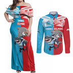 Custom Dolphins and Shark Couples Matching Off Shoulder Maxi Dress and Long Sleeve Button Shirt Together Sporty Style