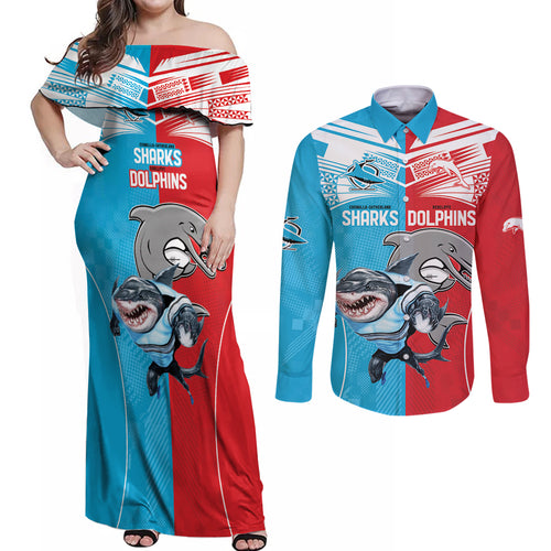 Custom Dolphins and Shark Couples Matching Off Shoulder Maxi Dress and Long Sleeve Button Shirt Together Sporty Style