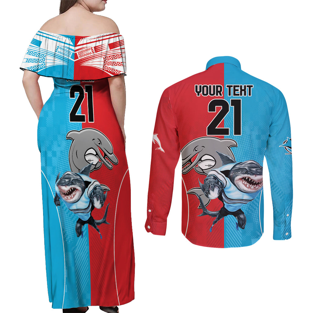 Custom Dolphins and Shark Couples Matching Off Shoulder Maxi Dress and Long Sleeve Button Shirt Together Sporty Style
