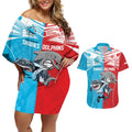 Custom Dolphins and Shark Couples Matching Off Shoulder Short Dress and Hawaiian Shirt Together Sporty Style