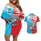 Custom Dolphins and Shark Couples Matching Off Shoulder Short Dress and Hawaiian Shirt Together Sporty Style