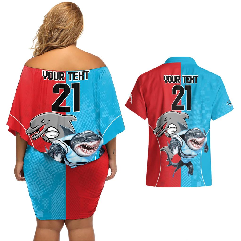 Custom Dolphins and Shark Couples Matching Off Shoulder Short Dress and Hawaiian Shirt Together Sporty Style