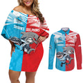 Custom Dolphins and Shark Couples Matching Off Shoulder Short Dress and Long Sleeve Button Shirt Together Sporty Style