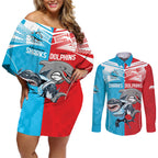 Custom Dolphins and Shark Couples Matching Off Shoulder Short Dress and Long Sleeve Button Shirt Together Sporty Style