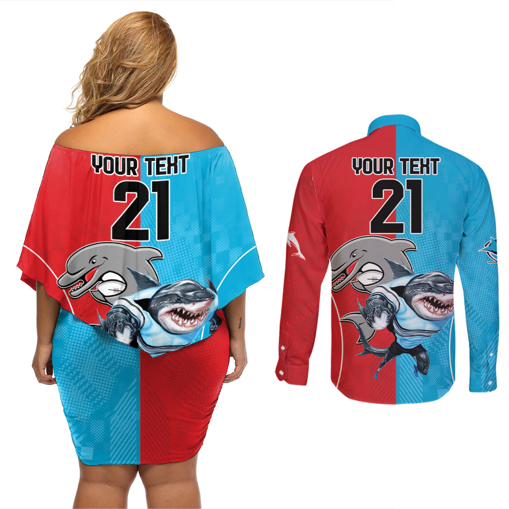 Custom Dolphins and Shark Couples Matching Off Shoulder Short Dress and Long Sleeve Button Shirt Together Sporty Style