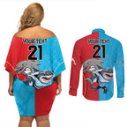 Custom Dolphins and Shark Couples Matching Off Shoulder Short Dress and Long Sleeve Button Shirt Together Sporty Style