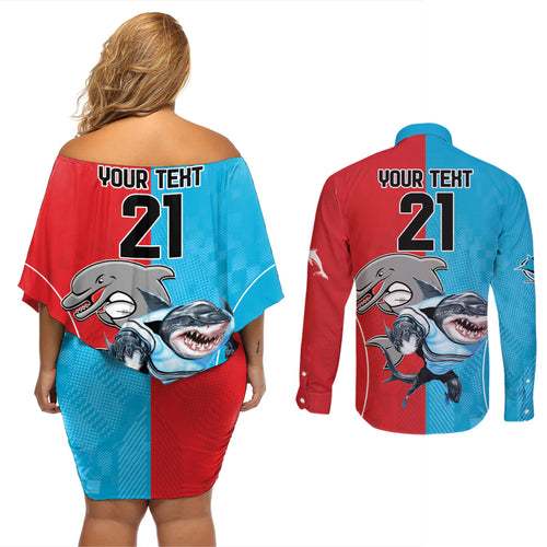 Custom Dolphins and Shark Couples Matching Off Shoulder Short Dress and Long Sleeve Button Shirt Together Sporty Style