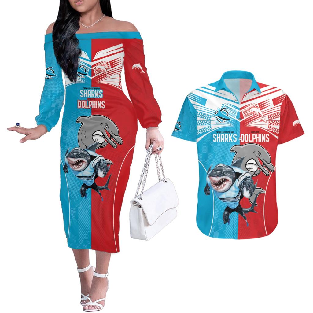 Custom Dolphins and Shark Couples Matching Off The Shoulder Long Sleeve Dress and Hawaiian Shirt Together Sporty Style