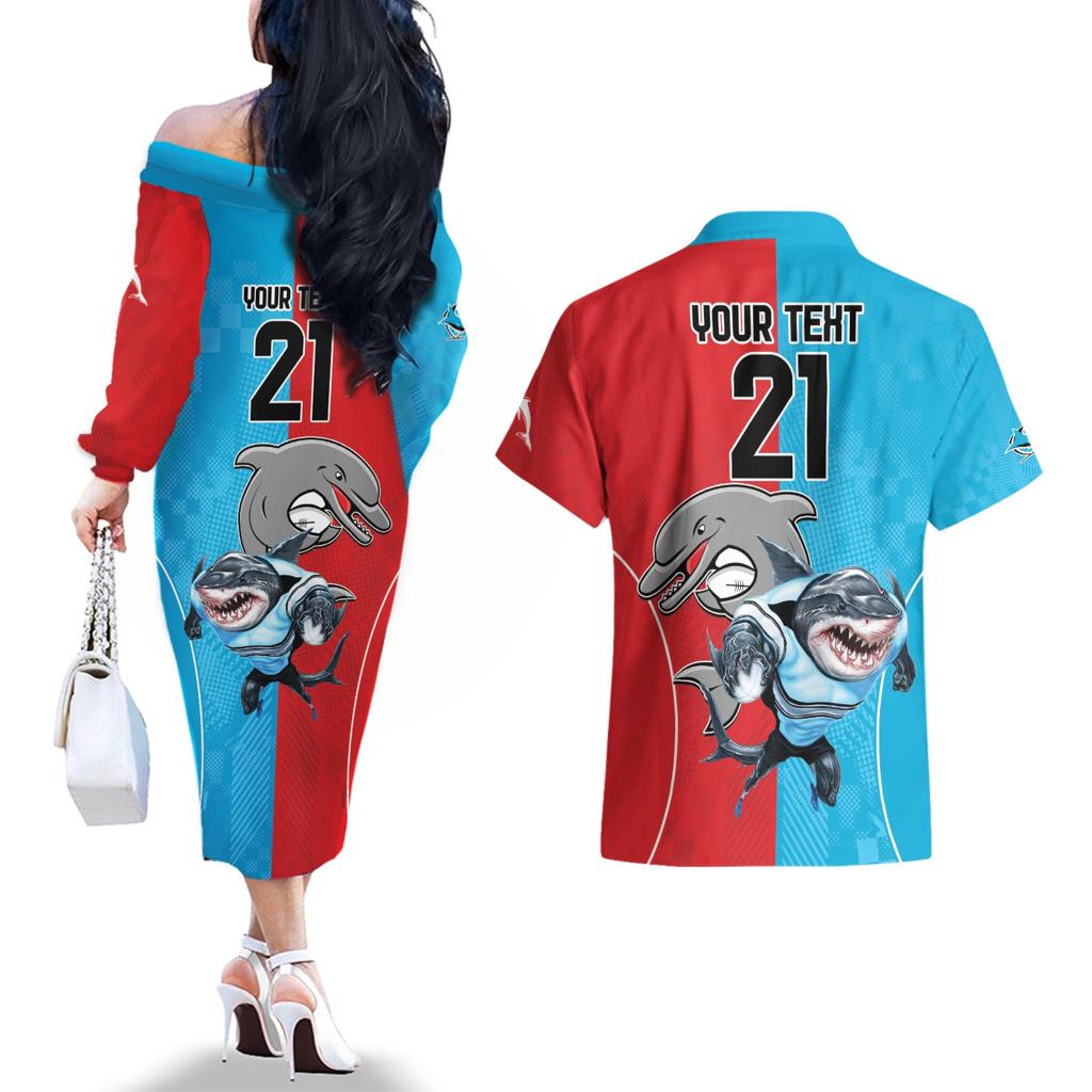 Custom Dolphins and Shark Couples Matching Off The Shoulder Long Sleeve Dress and Hawaiian Shirt Together Sporty Style
